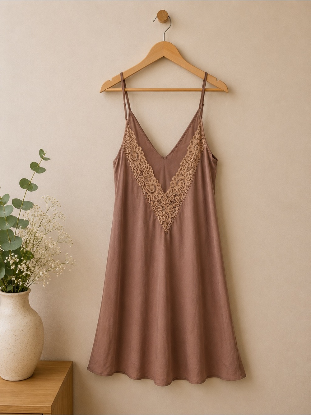 Mauve Satin Slip Dress Lace Trim Spaghetti Strap Romantic M